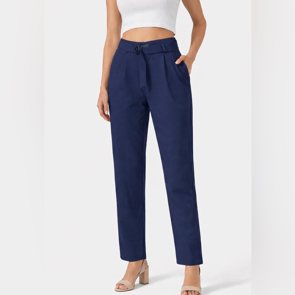 Halara Navy High Waist Belted Pants XS NWT Straight Leg Womens